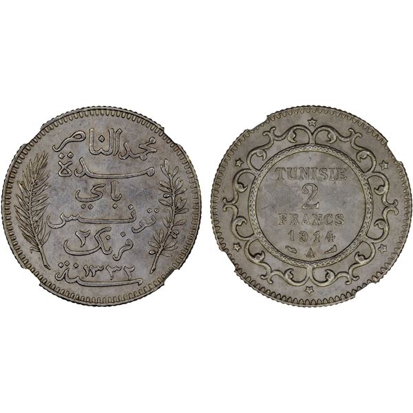 TUNISIA: French Colony, AR 2 francs, Paris, 1914/AH1332-A, NGC MS62