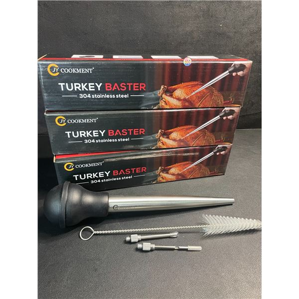 Lot of 3 JY Cookment Stainless Steel Turkey Basters/Syringes for Cooking with Cleaning Brush - New