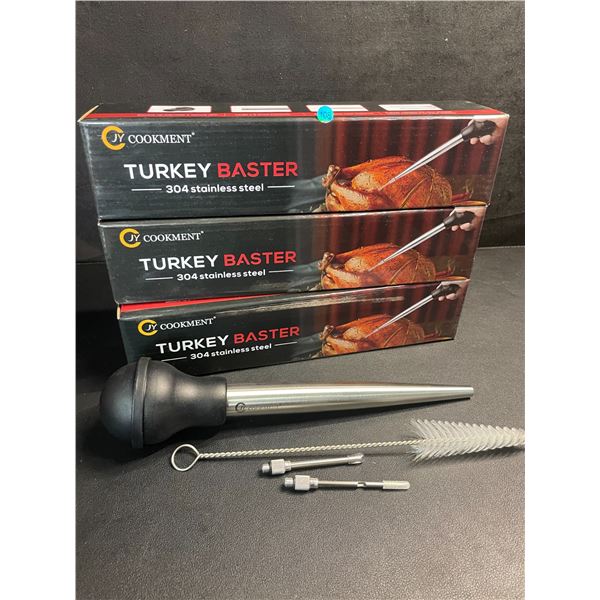 Lot of 3 JY Cookment Stainless Steel Turkey Basters/Syringes for Cooking with Cleaning Brush - New
