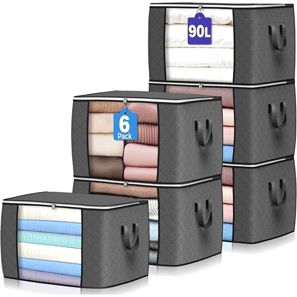 6-Pack 90L Large Storage Bags/Foldable Clothes & Closet Organizer Bags (Gray) Brand New