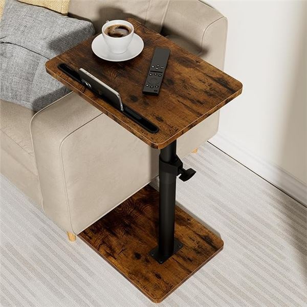 Sofa Armrest Side Table for Couch - Rustic Wood Design; Adjustable Height, 360° Swivel - NEW!