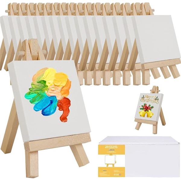 18-Pack of Mini Art Canvases (3" x 3") with Mini Tabletop Easels (5" Size) & 12pc Paints - New