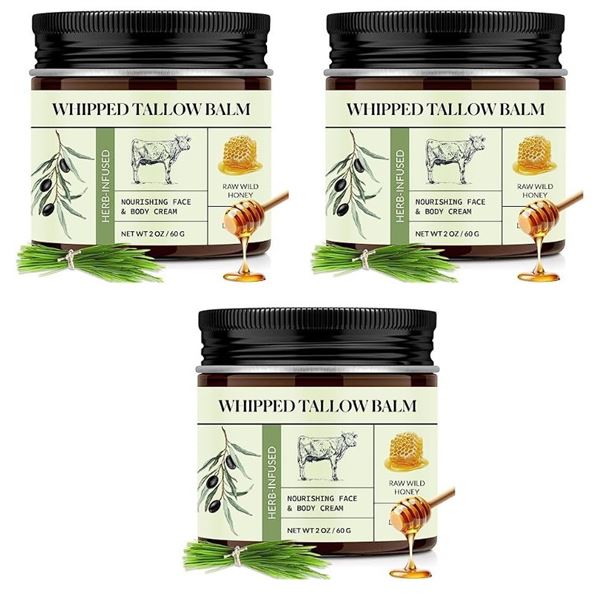 3 Boxes of Whipped Tallow Balm for Skin (60g) Grass Fed Tallow, Natural Skincare Moisturizers - New