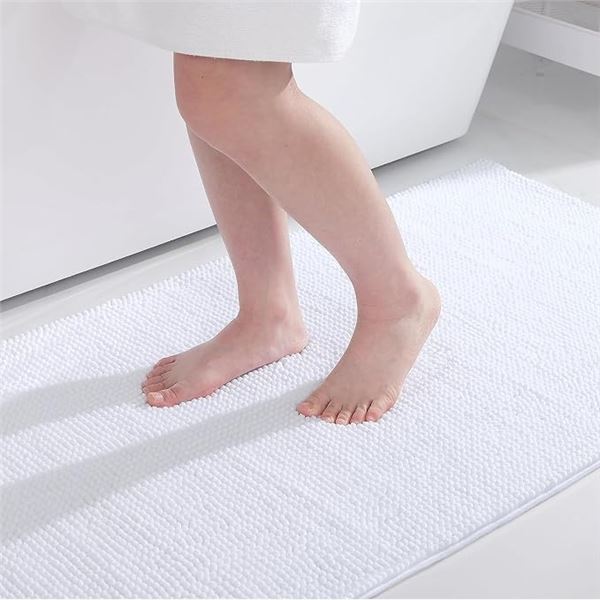 Extra Soft/Large Non-Slip Chenille Bath Mat (White) 20" x 32" Super Absorbent Fluffy Bath Mat - New