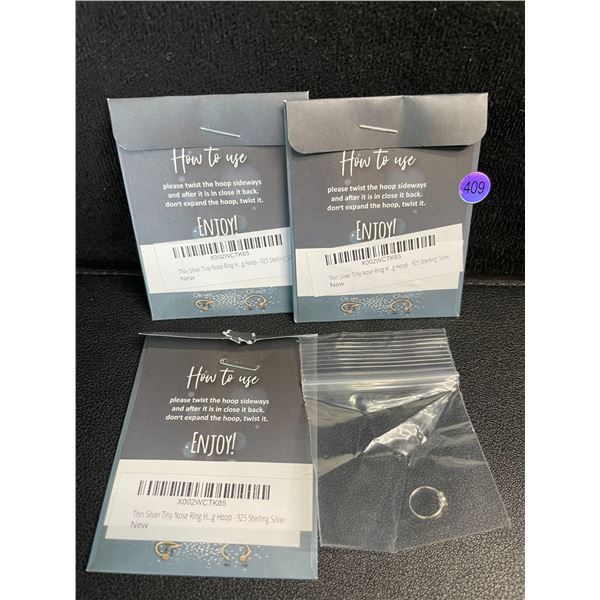 Lot of 3 Sterling Silver Nose Rings (24 Gauge/Thin) Nose Piercing Jewelry; 925 Sterling Silver - New