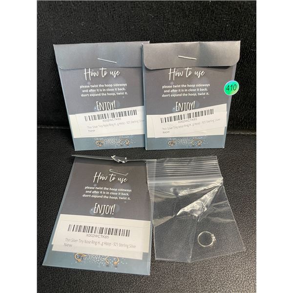 Lot of 3 Sterling Silver Nose Rings (24 Gauge/Thin) Nose Piercing Jewelry; 925 Sterling Silver - New