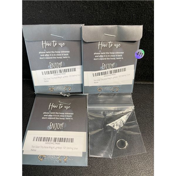 Lot of 3 Sterling Silver Nose Rings (24 Gauge/Thin) Nose Piercing Jewelry; 925 Sterling Silver - New