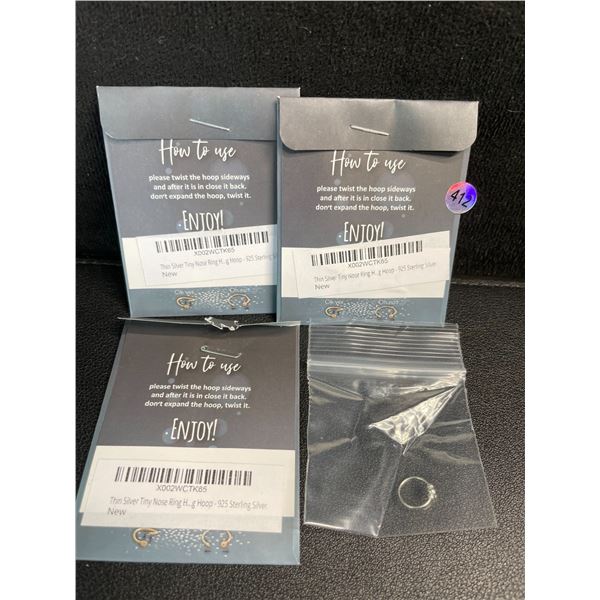 Lot of 3 Sterling Silver Nose Rings (24 Gauge/Thin) Nose Piercing Jewelry; 925 Sterling Silver - New
