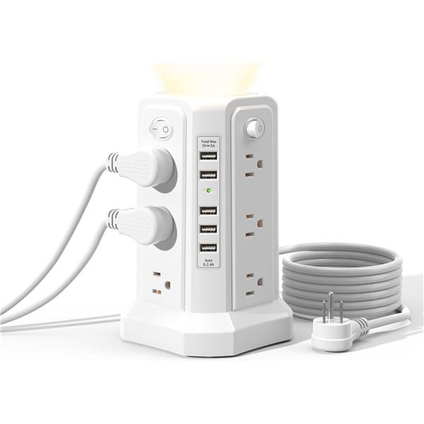 12-Outlet Power Strip Tower/Surge Protector with Night Light, 5 USB Ports, 10FT Cord - Brand New!