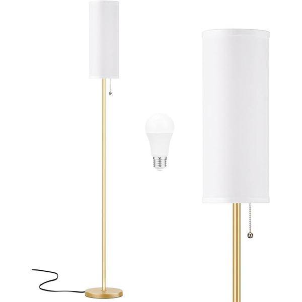 64" Minimalist Floor Lamp with White Linen Shade & Gold Pole; 3 Color Temps, LED Bulb Included - New