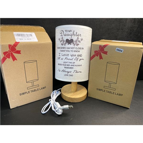 Lot of 2 Simple Table Lamps with Message to Daughter from Dad - Linen Shade/Wooden Base - New