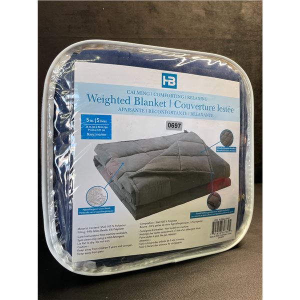Calming Weighted Blanket (5lbs) 36" x 48" - Navy Blue; Boxed Stitching Design - Brand New