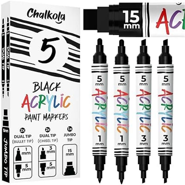 5-Pack Chalkola Black Acrylic Paint Pens/Markers; Dual Tip & Jumbo Tip Pens Included - New!