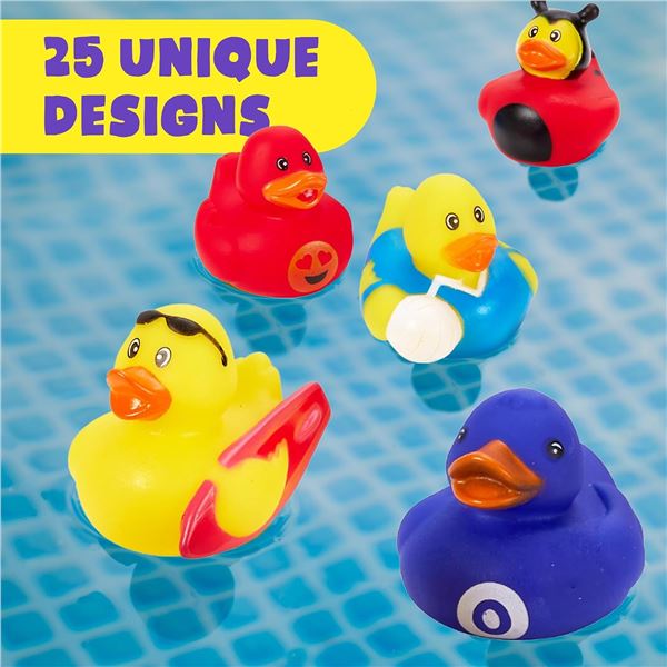 25-Pack Box of Assorted Rubber Ducks/Toy Ducks (2" Size) - New