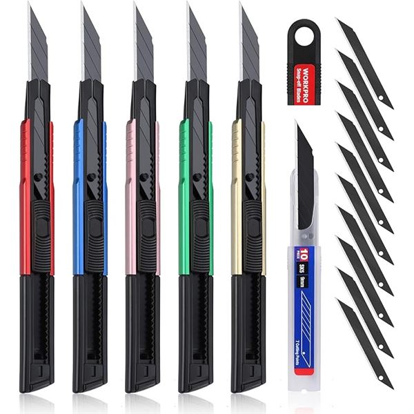5-Pack WorkPro Heavy-Duty Retractable Aluminum Utility Knives/Snap-Off Box Cutters w/ Extra Blades