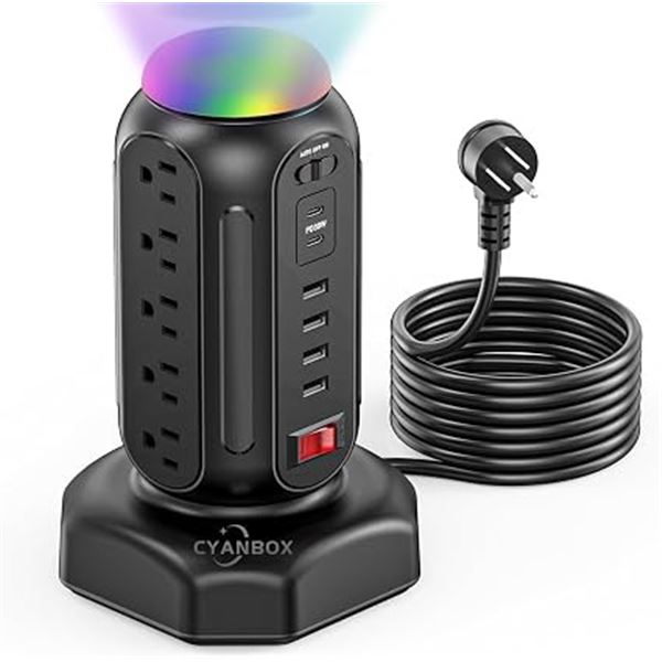 15-Outlet Power Strip Tower/Surge Protector with RGB Night Light & Multiple USB-Ports - Brand New!