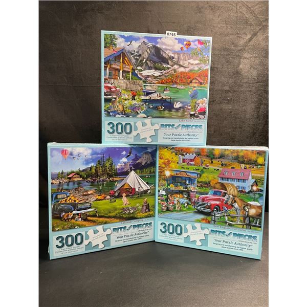 Lot of 3 300PC Puzzles; Lake Scene, Lakeside Camping, & New England Fall Farm - New Sealed