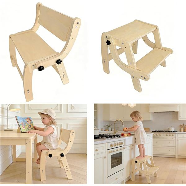2-in-1 Kids Wooden Chair and Step Stool; Convertible Multipurpose Stool & Seat for Kids - New