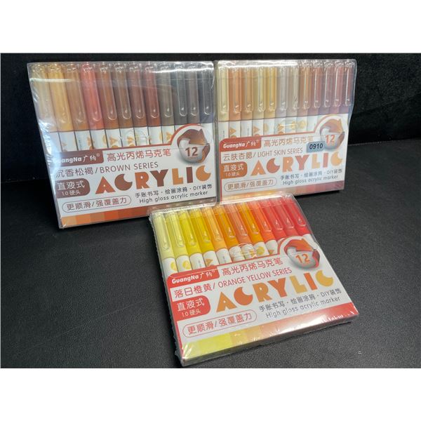 3 Packs Acrylic Markers (12 Colours Each) High Gloss Art Markers (Brown/Yellow Shades) New