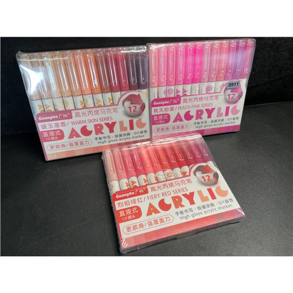 3 Packs Acrylic Markers (12 Colours Each) High Gloss Art Markers (Pink/Red/Skin Shades) New
