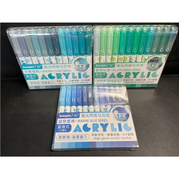 3 Packs Acrylic Markers (12 Colours Each) High Gloss Art Markers (Blue/Green Shades) New
