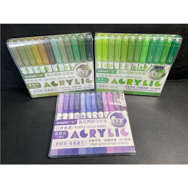 3 Packs Acrylic Markers (12 Colours Each) High Gloss Art Markers (Green/Purple Shades) New