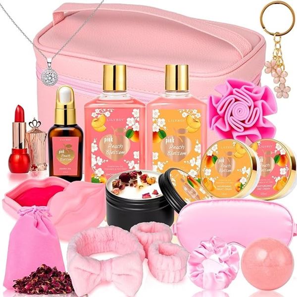 LilyRoy 20PC Bath & Body Gift Set for Women - With Necklace, Candle, Creams, Travel Bag & More - New