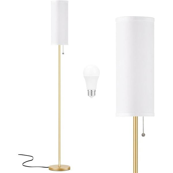 64" Minimalist Floor Lamp with White Linen Shade & Gold Pole; 3 Color Temps, LED Bulb Included - New