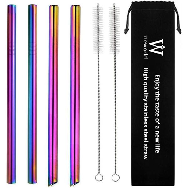 3 Packs/12PCS Neworld Reusable Stainless Steel Drinking Straws (0.5" Wide/Boba Straws) Rainbow - New