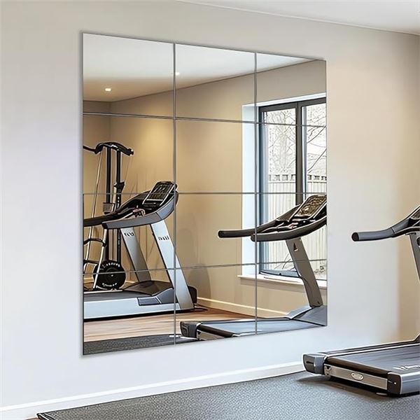 12PC Glass Full-Length Wall Mirror Tiles (12" x 12") Frameless Full-Body Mirror for Home Gym - New