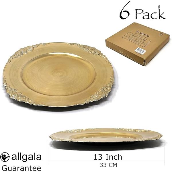 Allgala 6-Pack Gold 13" Dinner Plates/Charge Plates for Table Decor - Ideal for Holiday Dinners; New