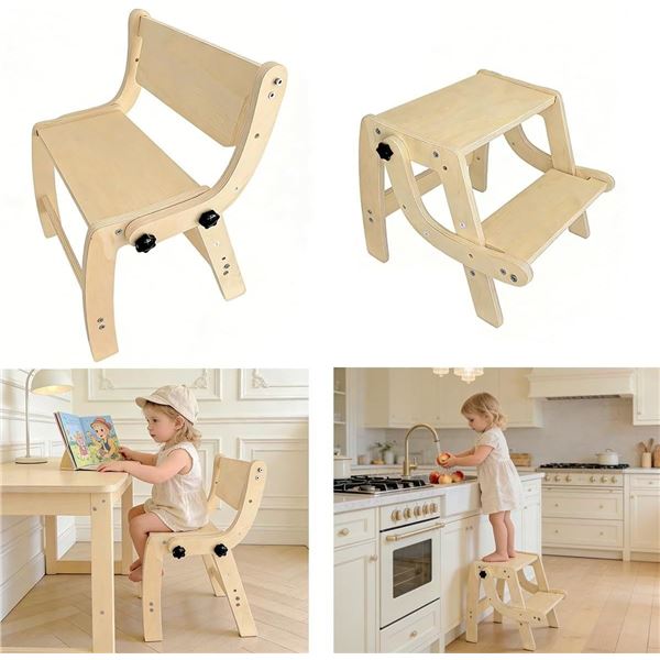 2-in-1 Kids Wooden Chair and Step Stool; Convertible Multipurpose Stool & Seat for Kids - New