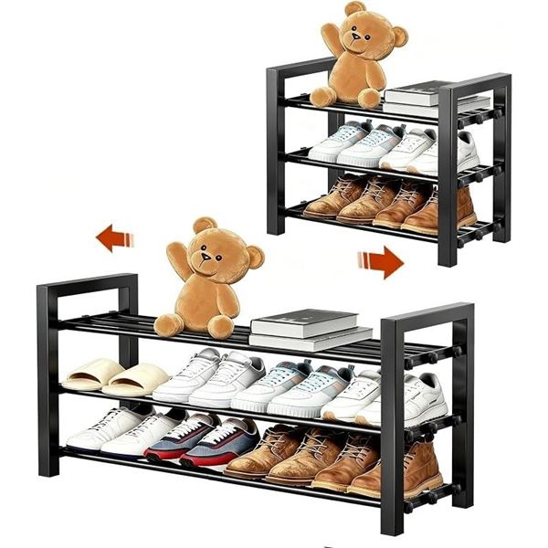 3-Tier Expandable Metal Shoe Rack/Shoe Storage Shelf (Black) Expands from 17" to 31" - New!