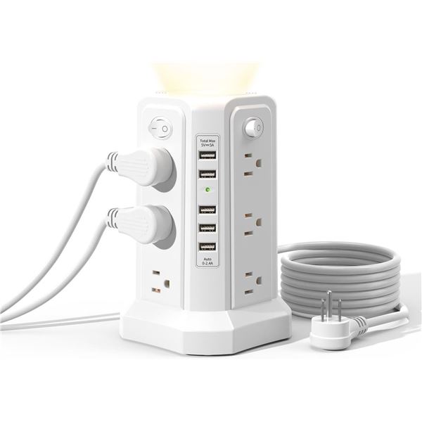 12-Outlet Power Strip Tower/Surge Protector with Night Light, 5 USB Ports, 10FT Cord - Brand New!