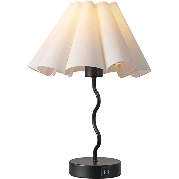 17" Black Metal Table Lamp with Pleated Linen Lamp Shade & USB-Charging Base - New!