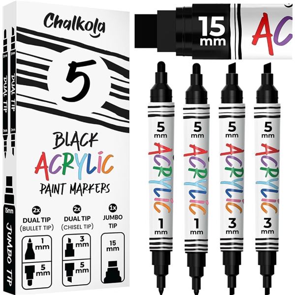 5-Pack Chalkola Black Acrylic Paint Pens/Markers; Dual Tip & Jumbo Tip Pens Included - New!