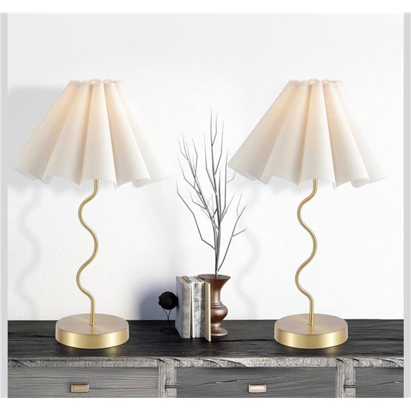 Set of 2 Gold Metal Table Lamp with USBA and USBC Charging and Pleated Shade - New