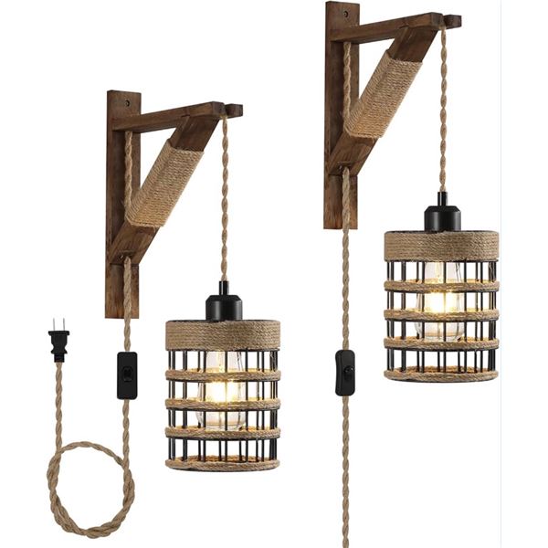 Farmhouse Style Plug In Hanging Lamps with Rustic Metal Shade with Wooden Brackets - New