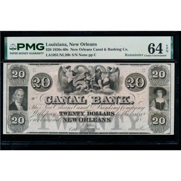 1850s $20 New Orleans LA Obsolete PMG 64EPQ