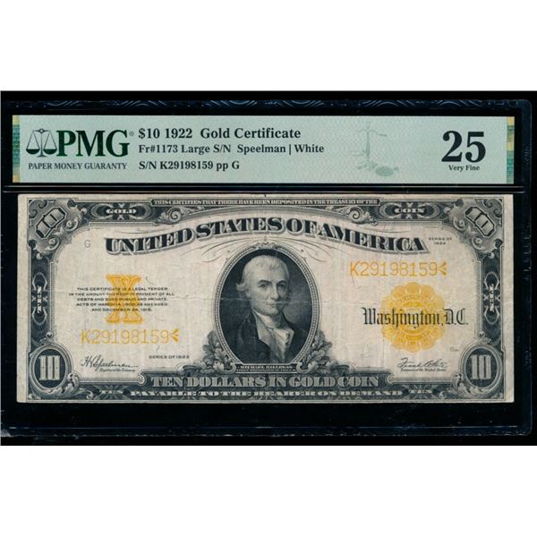 1922 $10 Gold Certificate PMG 25