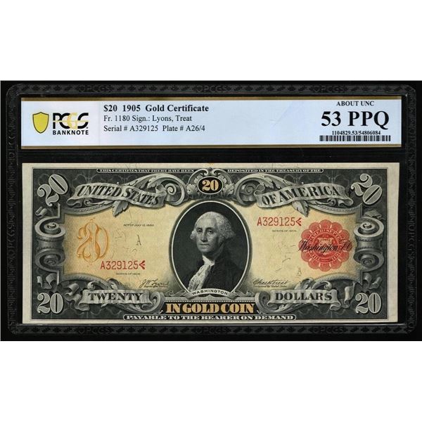 1905 $20 Technicolor Gold Certificate PCGS 53PPQ