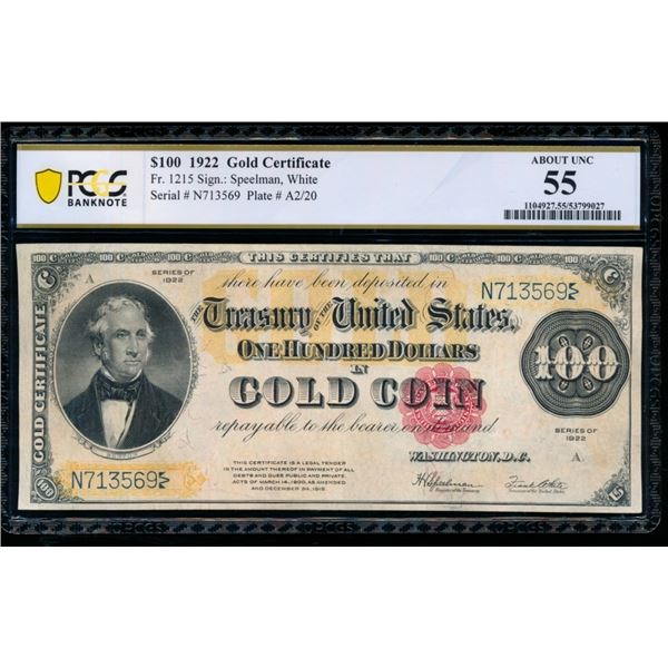 1922 $100 Gold Certificate PCGS 55
