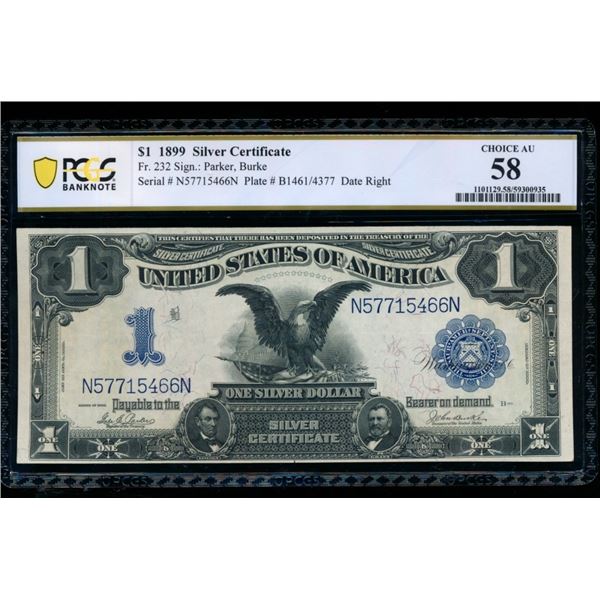 1899 $1 Black Eagle Silver Certificate PCGS 58