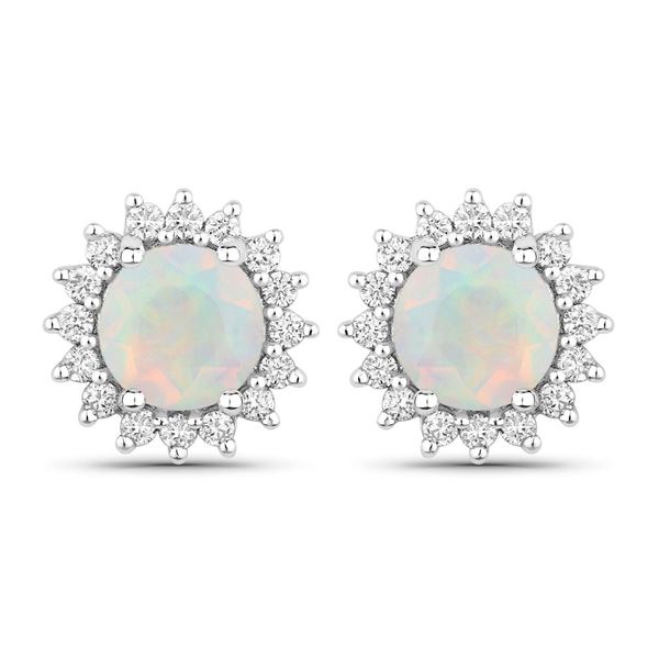 Plated Rhodium 1.00ctw Opal and Lab Diamond Earrings