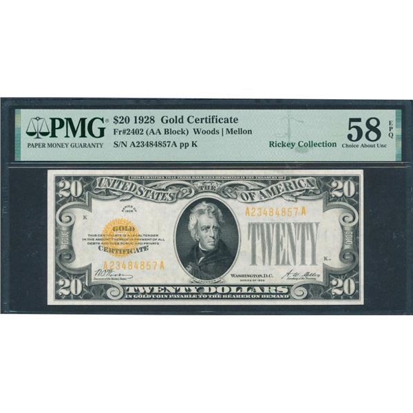 1928 $20 Gold Certificate PMG 58EPQ