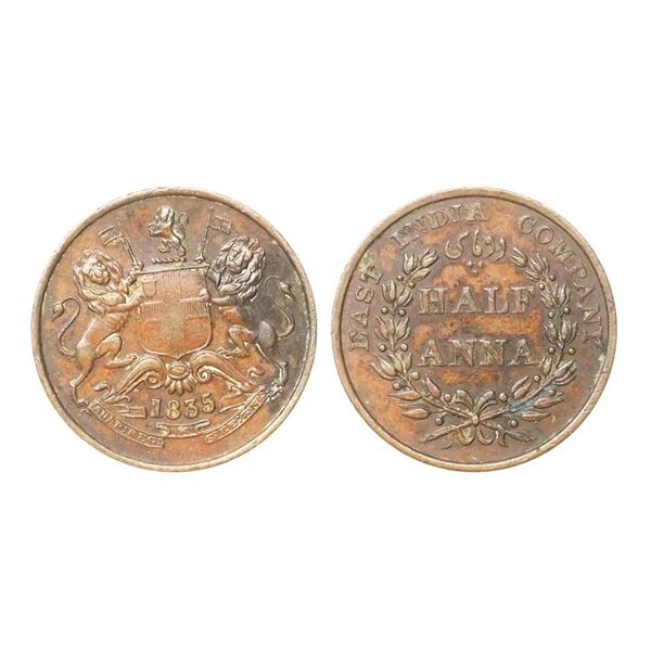East India Company, Copper 1/2 Anna, 1835, Madras Mint