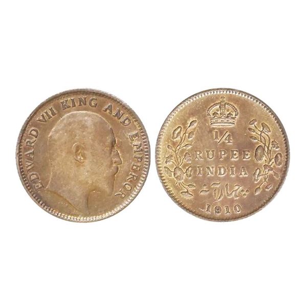 Edward VII King & Emperor, Silver 1/4 Rupee, 1910, Calcutta Mint