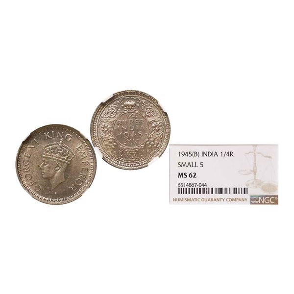 George VI King Emperor, 52% Silver 1/4 Rupee, 1945