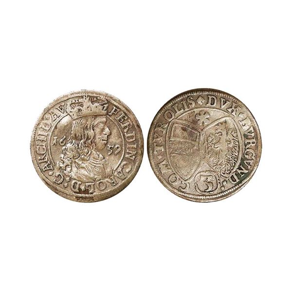 Austria, County of Tyrol, Ferdinand Charles(1646-1662 AD), Silver 3 Kreuzers, 1.42 gms