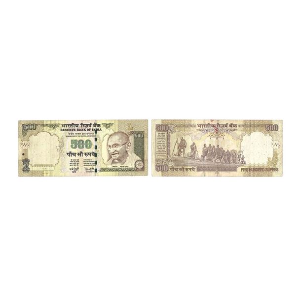 500 Rupees, 2008, misprint, Gandhi series, signed by Yaga Venugopal Reddy, inset L , Missing obverse